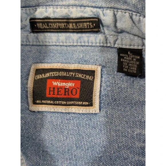 Wrangler Hero Mens Light Wash Denim Button Down Shirt Large Blue Cotton Long Slv - Picture 6 of 12